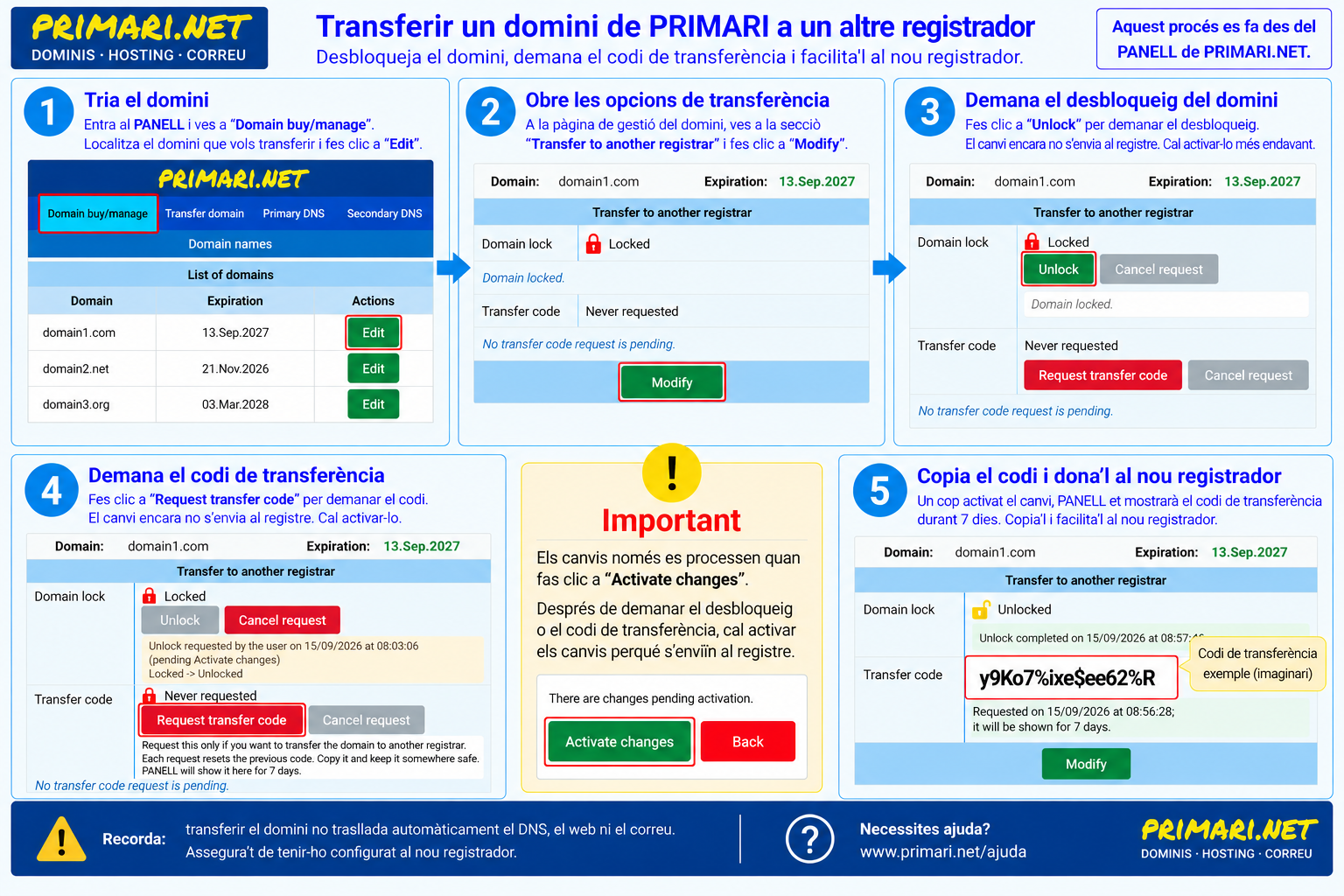 Guia visual per transferir un domini de PRIMARI a un altre registrador